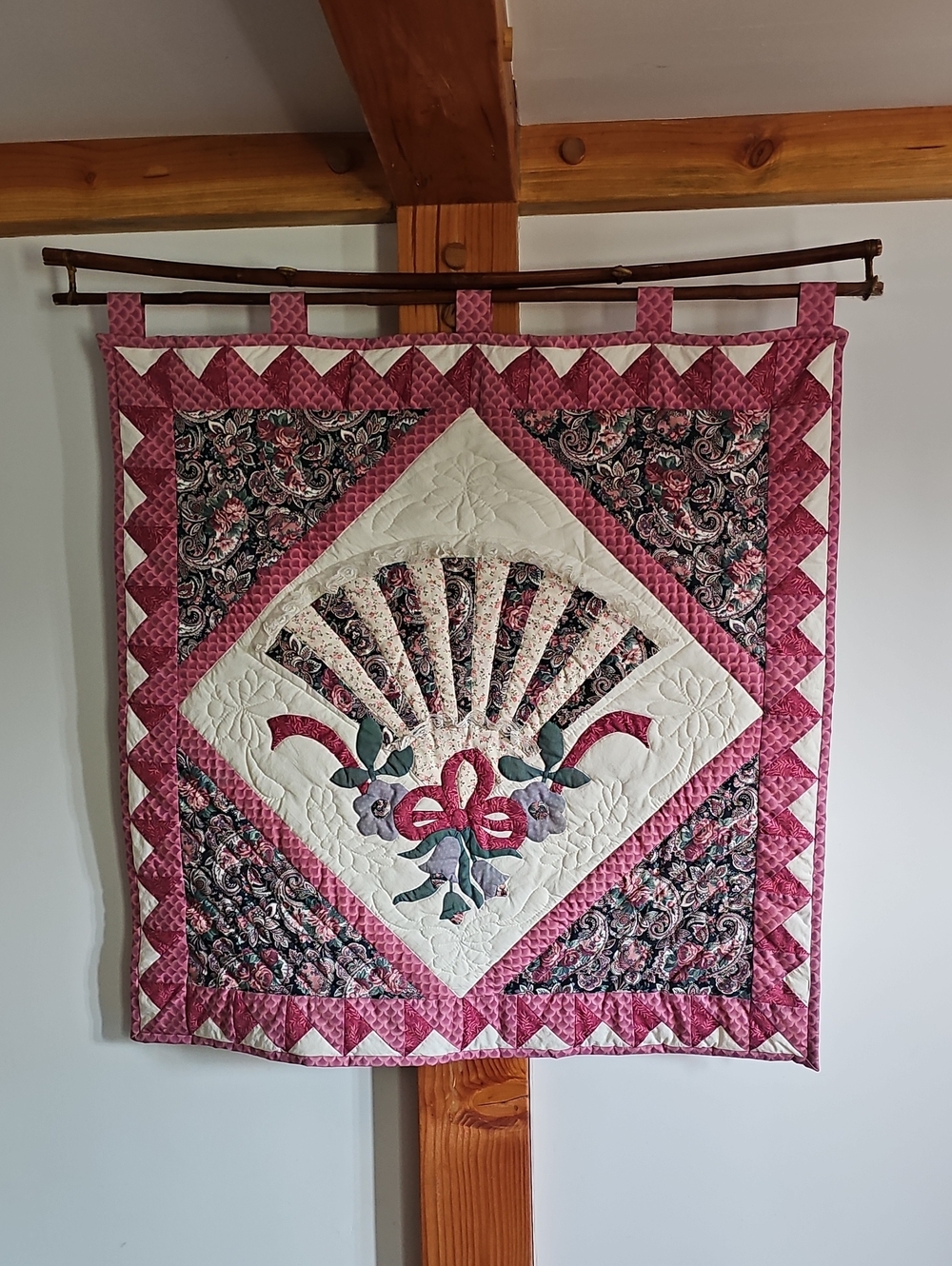 Handmade Pink and Cream Floral Fan Quilt Wall Hanging